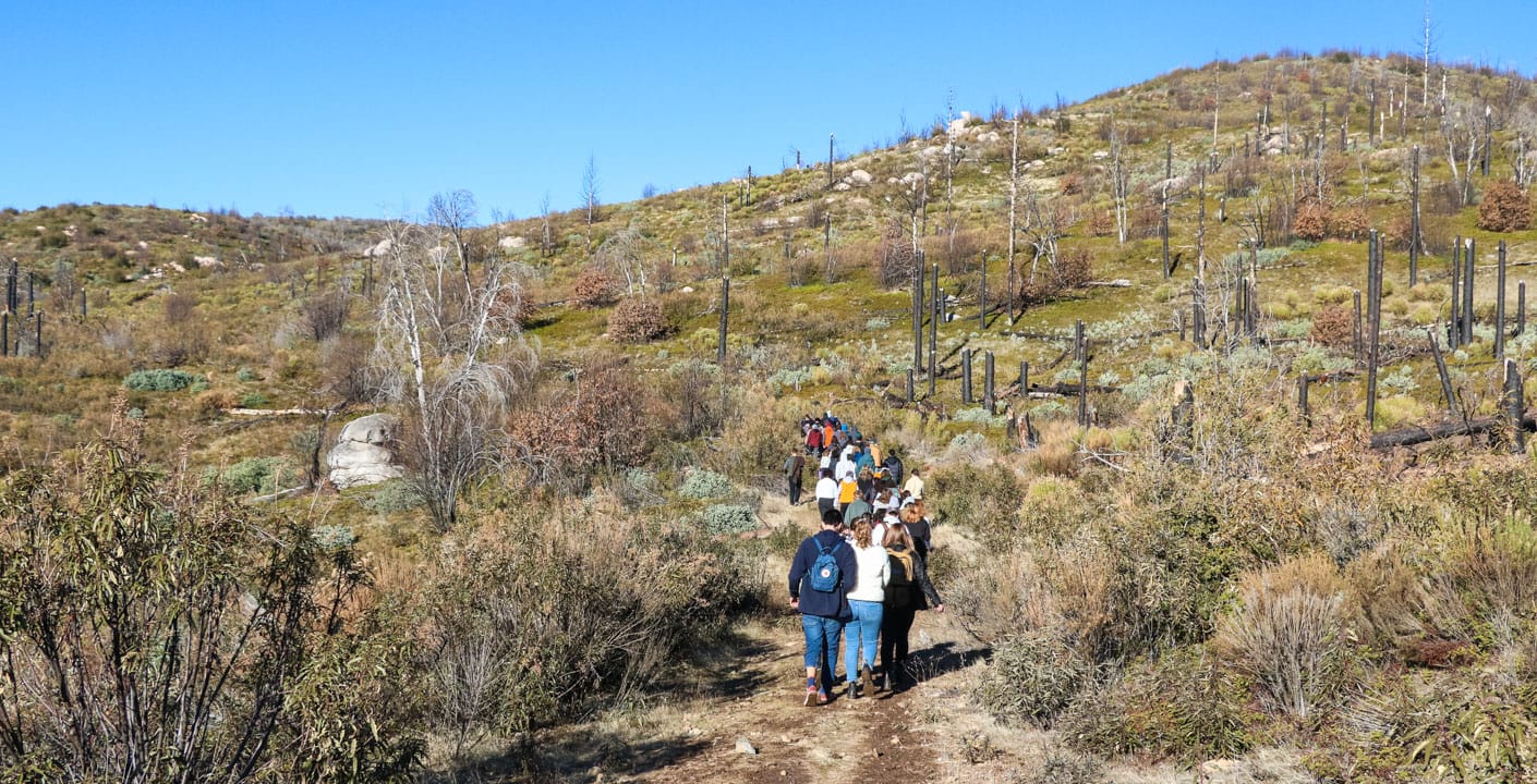 Group of kids on teen winter retreat hiking