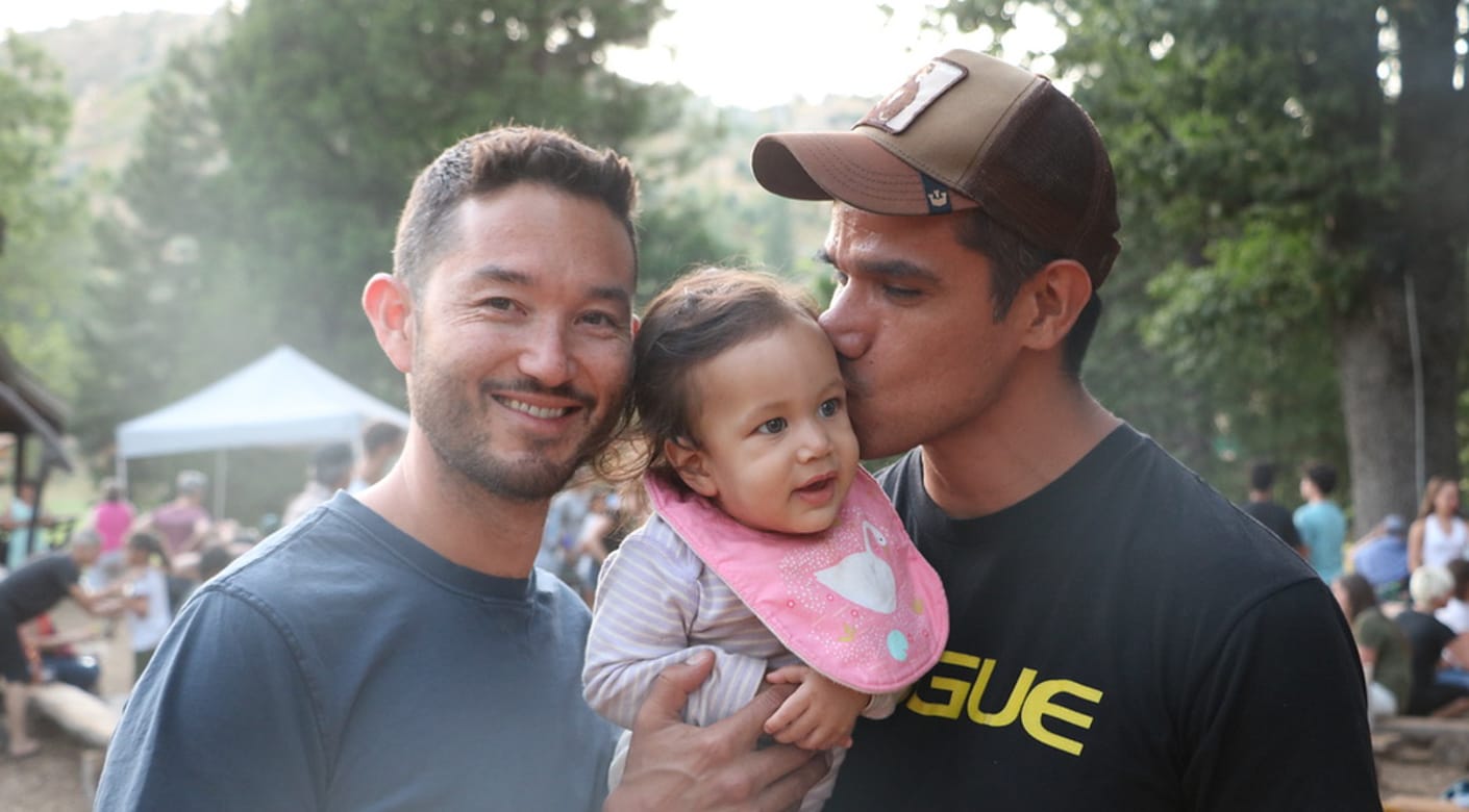 Two father's kissing daughter during Keshet